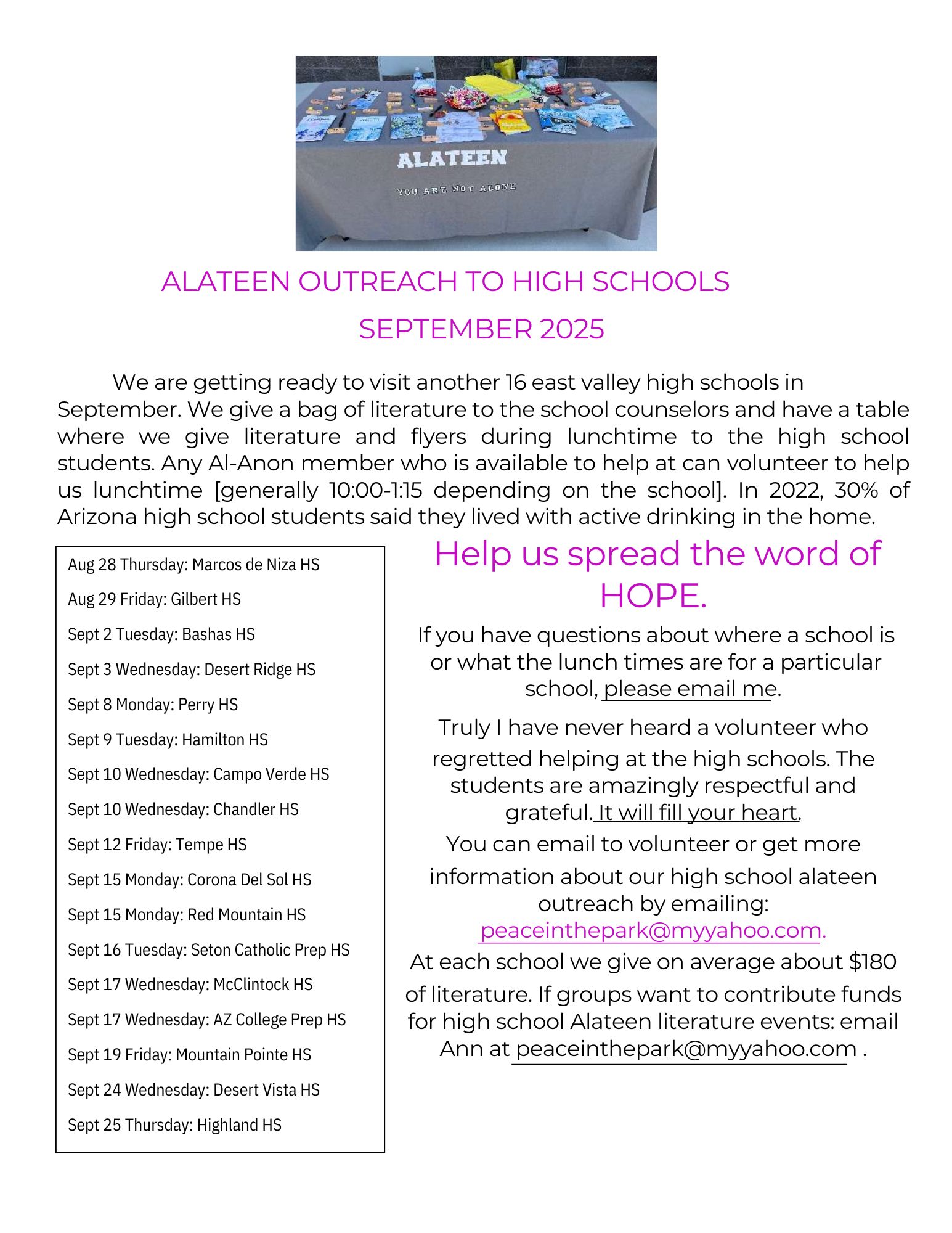 2025 Alateen Outreach To High Schools