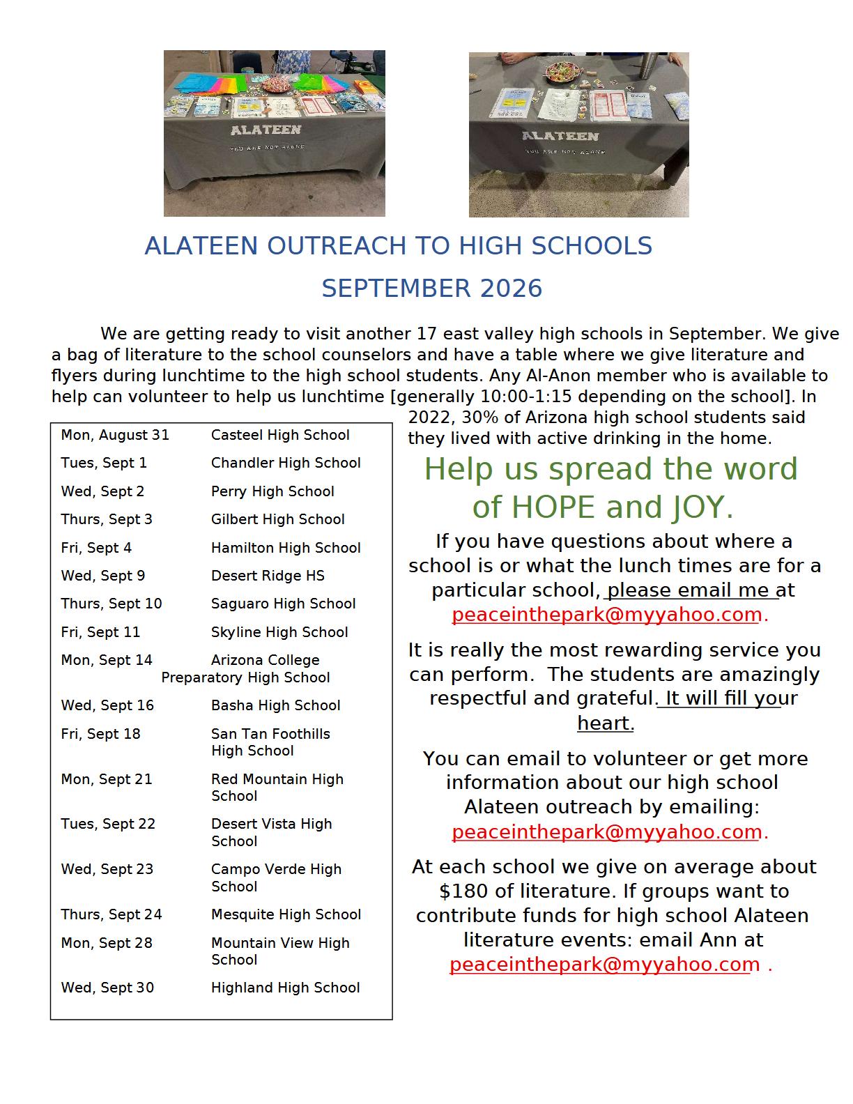 2026 Alateen Outreach To High Schools -  Volunteers Needed